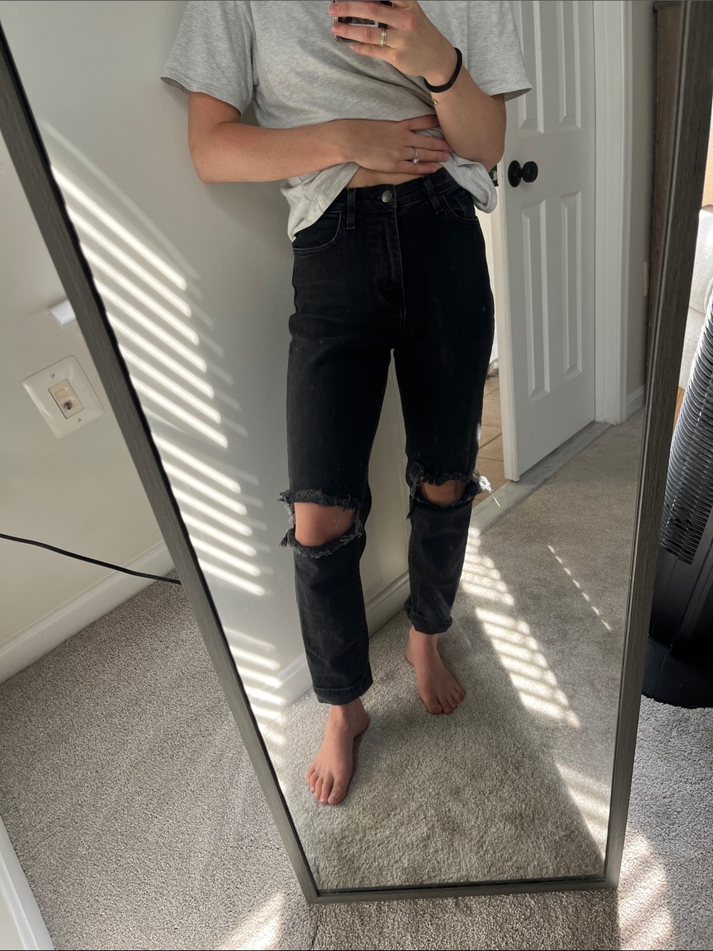 High-Rise Black Distressed Knee Jeans - Women